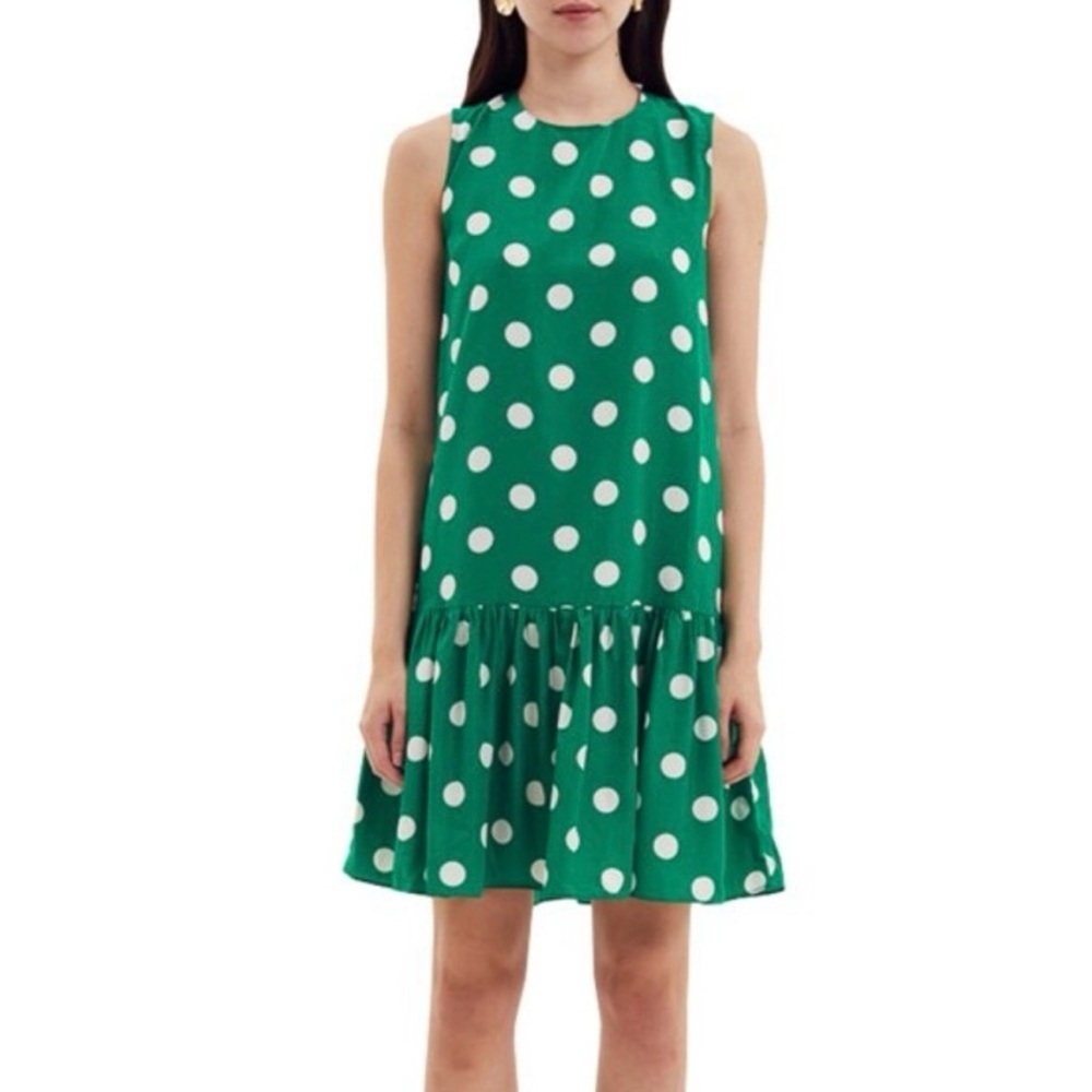 Cooper St Ditsy Polka Dot A-Line Ruffle Hem Shift Dress green and white Size M